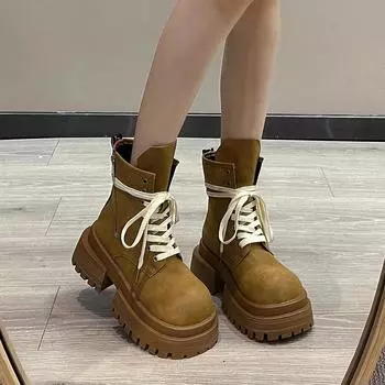 Women s Shoes 2024 High Quality Front Lace-up Women s Boots Fashion Round Toe Office and Career Hot Sale Zip Mid-Calf Boots 35 чёрный