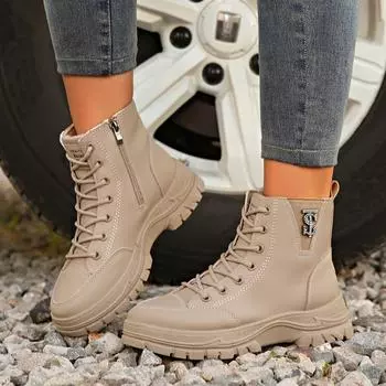 Women s Shoes 2024 High Quality Lace Up Women s Boots Spring Autumn Round Toe Solid Short Barrel Chunky Heels Fashion Boots 36 хаки
