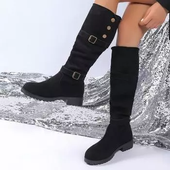 Women s Shoes 2024 High Quality Slip-on Women s Boots Fashion Belt Buckle Modern Boots Women New Rivet Plus Size Knee-High Boots 35 чёрный