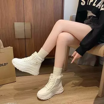Women s Shoes 2024 Hot Sale Front Lace-up Women s Boots Fashion Round Toe Casual Boots Women Winter Plus Velvet Shoes for Women 35 бежевый