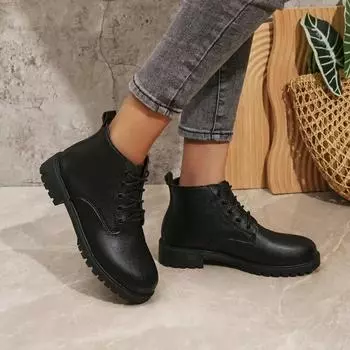 Women s Shoes 2024 Hot Sale Lace Up Women s Boots Autumn Round Toe Solid Chunky Heels Rubber Concise Short Barrel British Boots 36 чёрный