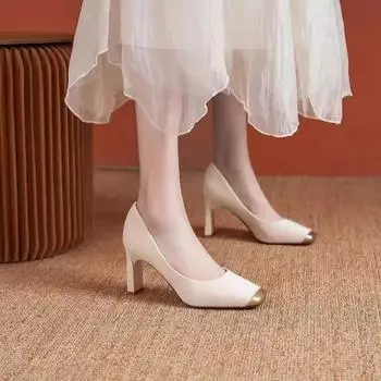 women s shoes 2024 hot sale Shallow Women s High heels Fashion color matching dress Pumps women square toe heels women 34 бежевый