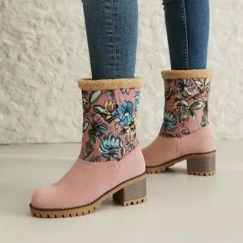 Women s Shoes 2024 Hot Sale Slip-on Women s Boots Fashion Printing Daily Boots Women Winter Short Plush Mid-Calf Boots Zapatos 35 бежевый