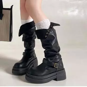 Women s Shoes 2024 Hot Sale Slip-on Women s Boots Fashion Belt Buckle Modern Boots Women Winter Rivet Round Toe Knee-High Boot 35 чёрный