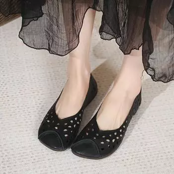 Women s Shoes 2024 Hot Selling Fashion Hollow Women s Flat Shoes Solid Color Shallow Mouth Medium Heel Round Toe Women s Shoes 35 светло-коричневого