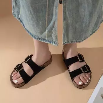 Women s Shoes 2024 Hot Selling Open Toe Women s Flat Shoes Fashion Solid Color Low Heel Suede Buckle Women s Roman Slippers 35 чёрный