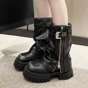 Women s Shoes 2024 Mid-Calf Women s Boots Novelty Modern Boots Women Round Toe Belt Buckle Side Zip Square Heel Shoes Ladies 35 чёрный
