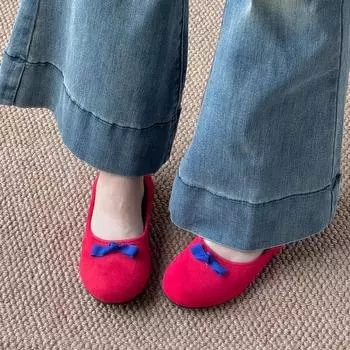 Women s Shoes 2024 New Autumn Women s Flats Round Toe Mixed Colors Butterfly-knot Flock Shallow Mouth Slip on Casual Flat Shoes 35