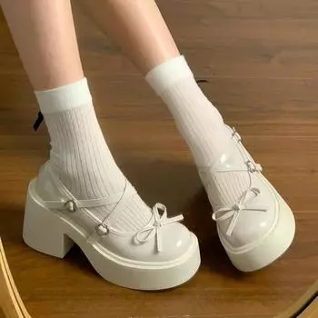 Женская обувь 2024 года, новые модные туфли на высоком каблуке с круглым носком, осенние туфли с бантом и пряжкой, однотонные туфли на толстой подошве и толстом каблуке 35 бежевый