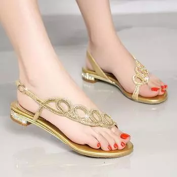 Women s Shoes 2024 New Shiny Brick Rhinestone Sandals Soft Leather Bottom Flip-flops Korean Version Beach Shoes 33(insole21.5cm) золотой