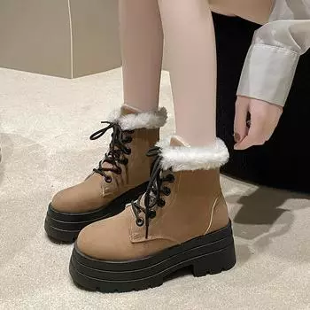 Women s Shoes 2024 Platform Concise Ankle Women s Boots Trend Daily Boots Women Round Toe Front Lace-up Square Heel Shoes Ladies 35 чёрный