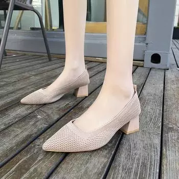 Women s Shoes 2024 Plus Size Mesh Women s High Heels Breathable Office Pumps Women Pointed Toe Slip on Chunky Heel Female Shoes 34 бежевый