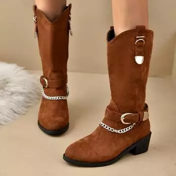 Women s Shoes 2024 Plus Size Mid-Calf Women s Boots Concise Modern Boots Women Chain Belt Buckle Med Heel Slip on Shoes Ladies 35