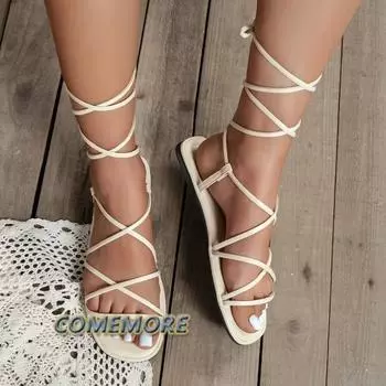 Women s Shoes 2024 Sexy Cross-Strap Sandals Summer Casual Woman New Open Toe Ladies Shoes Flat Beach Large Size Sandalias Mujer 35 бежевый