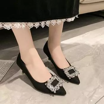 Women s Shoes 2024 Slip on Women s High Heels Fashion Party Pumps Women Crystal Square Button Pointed Toe Thin Heels Shoes Women 34 чёрный