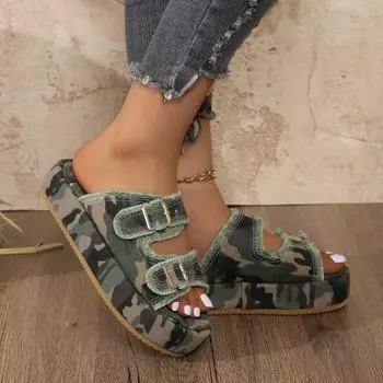 Women s Shoes 2024 Summer High Quality Color Block Fashion Open Toe Women s Slippers Mid Heel Buckle Roman Women s Beach Shoes 36 камуфляжный