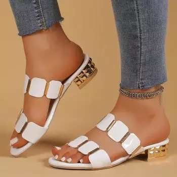 Women s Shoes 2025 Fashion Open Toe Women s Slippers Summer Square Heel Shoes Ladies Metal Decor Sexy Slippers Female PU Sandals 35 чёрный