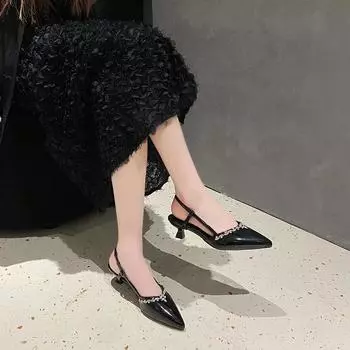 Women s Shoes 2025 Hot Sale Slingbacks Women s High Heels Fashion Crystal Office and Career New Plus Size Solid Toe Cap Sandals 35 чёрный