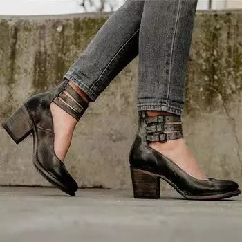 Women s shoes 2025 post-zipper thick heel high heel square heel light mouth buckle women 35 чёрный