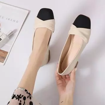 Women s shoes 2025 spring and autumn new Korean version of color matching square head thick heel single shoes light mouth soft sole grandma shoes 35 хаки