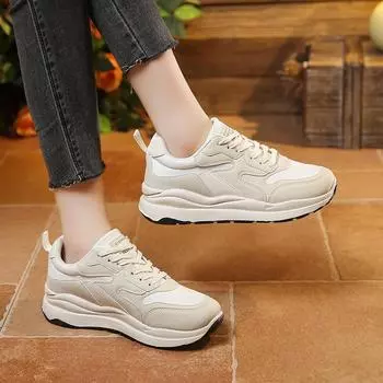 Women s Shoes Autumn Wear Resistant 2024 New Casual Comfortable Platform Flat Bottom Soft-soled Lace-up Shoes for Women 35 бежевый