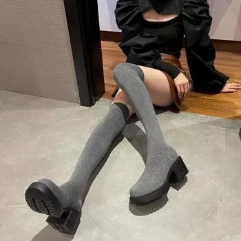 Women s Shoes Autumn/winter Thick Soled Knitted Long Boots Womens New Knee Length Elastic Socks Bootsround Toe High Heels Boots 35 чёрный