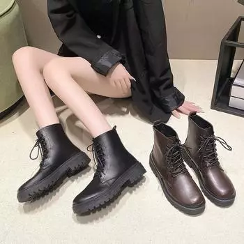 Women s shoes autumn women s 2024 Martin boots short leather boots round head low heel thick heel fashion boots casual leather boots short tube 35 чёрный