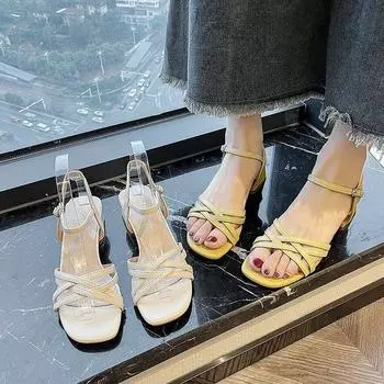 Женская обувь бежевого цвета, лето 2024, сандалии для женщин на среднем каблуке, обувь с открытым квадратным носком, роскошь, F, дизайнер, комфорт, H 34