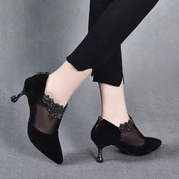 Women s shoes early spring new fashion pointed-toed stiletto mesh single shoes sheepskin rhinestone rear zipper temperament heels 35