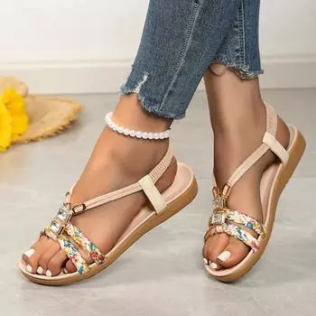 Women s Shoes Elastic Band Women s Sandals Fashion Printing Casual Sandal Swomen Summer Plus Size Flat Sandals 36