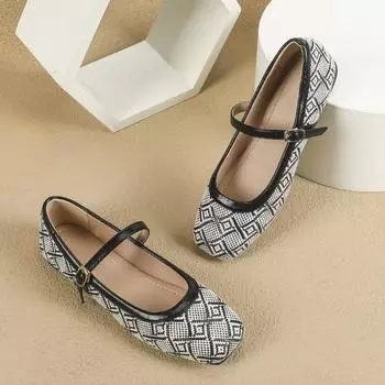 Women s Shoes Fashion Plaid Soft Upper Sole Casual Flats Microfiber Leather Lady French Square Toe Buckled Strap Mary Jane Shoes 35 чёрный