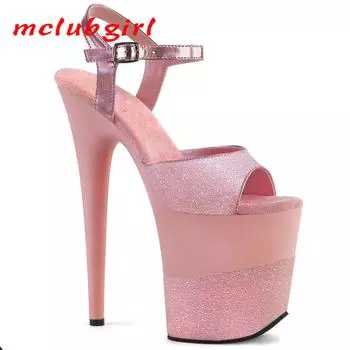 Женские туфли с блестками, тонкие каблуки, стальная трубка, модель танцевальной обуви, прогулочная обувь, каблук 20 см, платформа 10 см, YKC 34 ярко-розовый