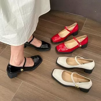 Women s Shoes High-quality Patent Leather Leather Pump Women s Block High Heels Mary Jass Red Buckle Designer White Heels 35 красный