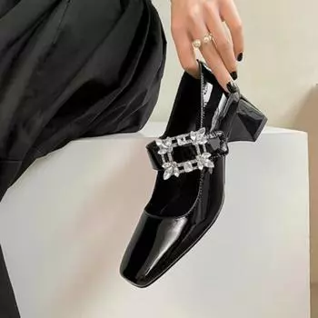 Женские туфли Janes из лакированной кожи с квадратным носком и пряжкой на ремешке в британском стиле, настоящие, неглубокие, однотонные, комфортные 35 чёрный