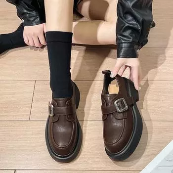 Women s Shoes Loafers Women s High Heels Fashion Buckle Strap Office and Career New Round Toe Heels Women 35 чёрный