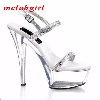 Женская обувь Роскошные Стразы Красивые Босоножки на Высоком Каблуке Ночной Клуб Кристалл Каблук 15 см Платформа 5 см YKC 34 серебряный