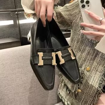 Women s Shoes Metal Decoration with Medium Heels Block Heel Office Ladies Footwear Normal Leather Casual Pointed Toe Black Y2k L 35 чёрный