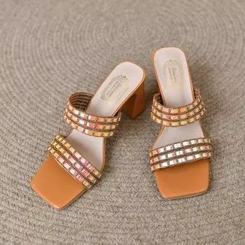 Women s Shoes on Sale 2024 Fashion Square Toe Women s Slippers Summer Open Toe Shoes Female Solid Chunky Heels Zapatos De Mujer 35 синий