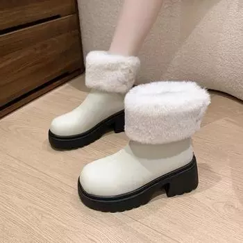 Women s Shoes on Sale 2024 New Zipper Women s Boots Winter Round Toe Plush Fleece for Warmth Solid Short Barrel Platform Boots 35 чёрный