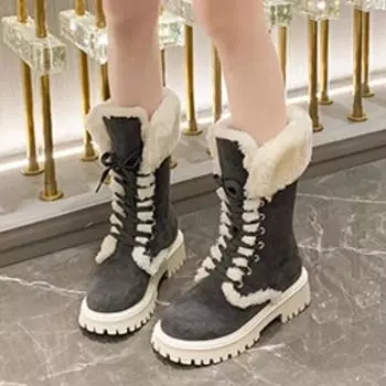 Women s Shoes On Sale Fashion Sleeve Women s Boots Winter Round Toe Plush Fleece for Warmth Middle Barrel Low Heels Snow Boots 35 чёрный