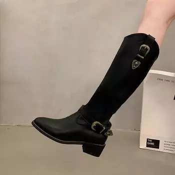 Women s Shoes Promotion 2024 High-quality Women s Boots Winter Buckle Pointed Toe Solid Color High-top Thick Heel Knight Boots 35 чёрный