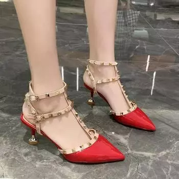 Women s Shoes Rivets Sandals Female Summer Thick with Fine with High-heeled Shoes Pointed Stiletto Sexy 34 вино красного