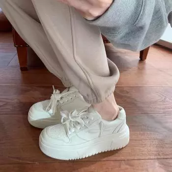 Women s shoes show long legs casual shoes round head lace-up thick baseplate shoes small man height increase white shoes women 34