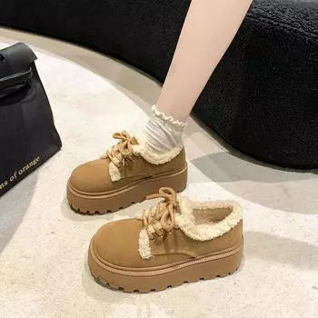 Женская обувь Зимние ботинки Повседневная обувь 2024 Однотонные зимние новые женские ботинки Плюшевые теплые толстые подошвы Шнуровка Хлопковые туфли 35 жёлтый