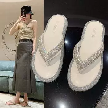 Women s Shoes Soft Sole Flip Flop Sandals Transparent Rhinestone Flat Sole Comfortable Outdoor Sandals Elegant Women s Slippers 35 чёрный