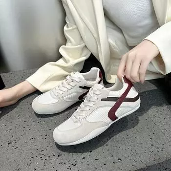 Women s shoes spring leather little white shoes inner height increase lightweight color matching jogging board shoes 35 бежевый