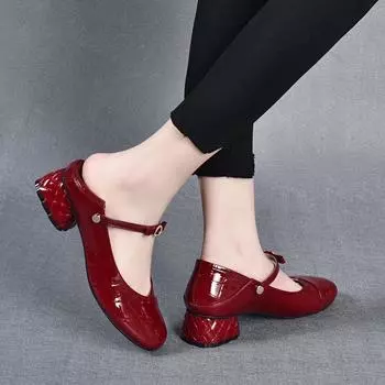 Women s shoes spring new bow buckle single shoes first layer cow patent leather low heel two wear loafers women s shoes 35