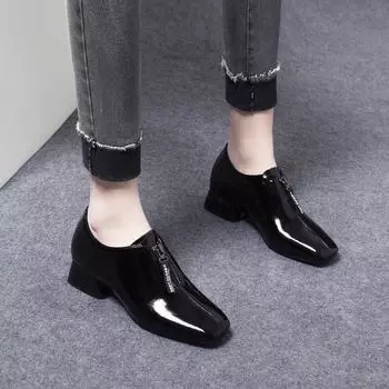 Women s shoes spring new deep mouth single shoes black cow patent leather front zipper low heel square heel small leather shoes 34