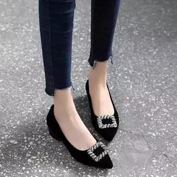 Women s shoes spring new fashion pointed head shallow mouth single shoes black first layer sheepskin rhinestone square buckle flat bottom 35