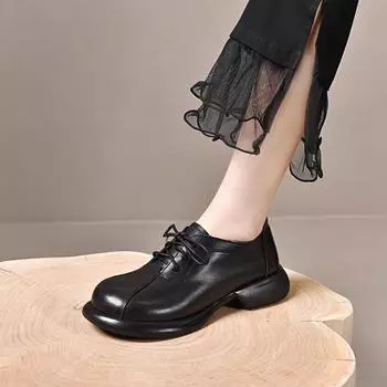 Women s shoes spring new first-layer cowhide round head flat bottom lace-up small leather shoes women s retro big head shoes 35